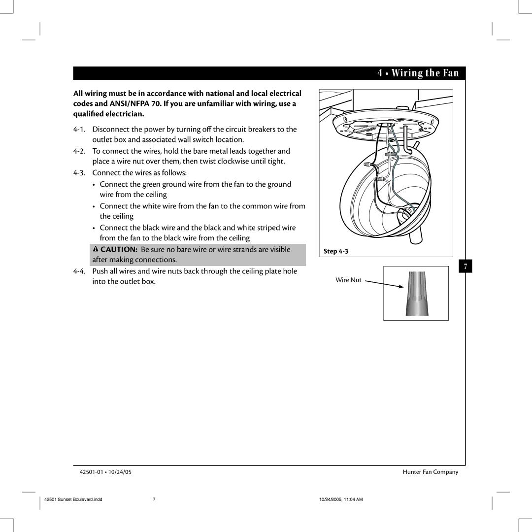 Hunter Fan 42501-01 manual Wiring the Fan 