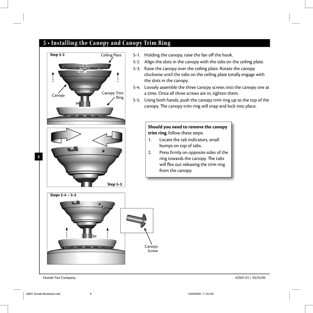 Hunter Fan 42501-01 manual Installing the Canopy and Canopy Trim Ring, Step Steps 5-4 