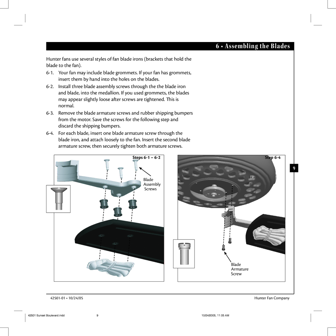 Hunter Fan 42501-01 manual Assembling the Blades, Steps 6-1 