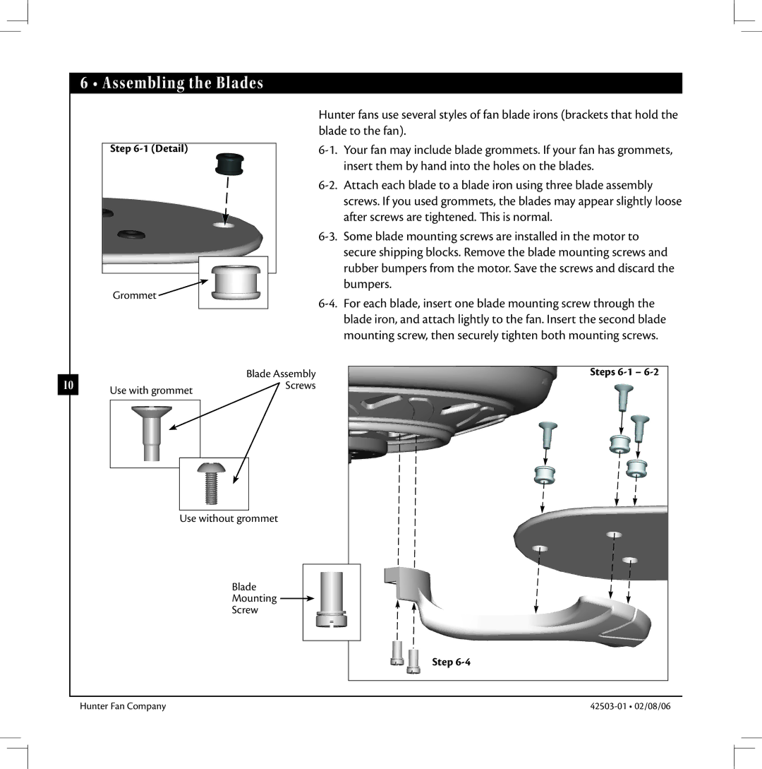 Hunter Fan 42503-01 warranty Assembling the Blades, Detail, Steps 6-1 