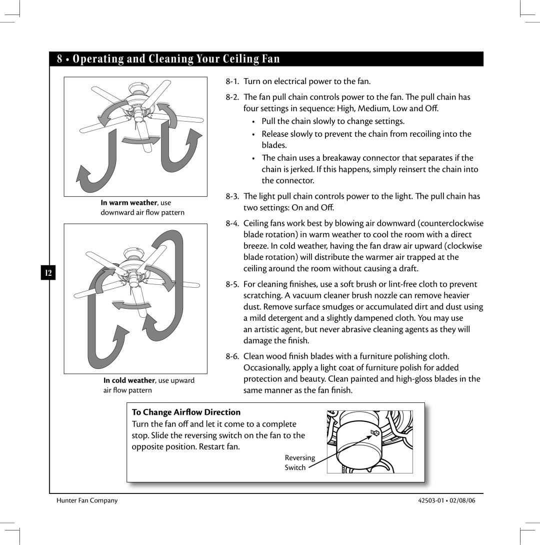 Hunter Fan 42503-01 warranty Operating and Cleaning Your Ceiling Fan, To Change Airflow Direction 