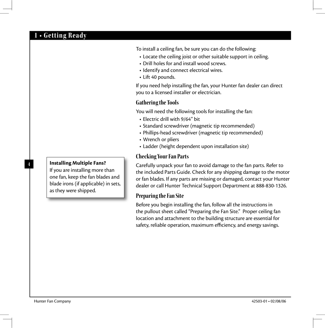Hunter Fan 42503-01 warranty Getting Ready, Gathering the Tools, Checking Your Fan Parts, Preparing the Fan Site 