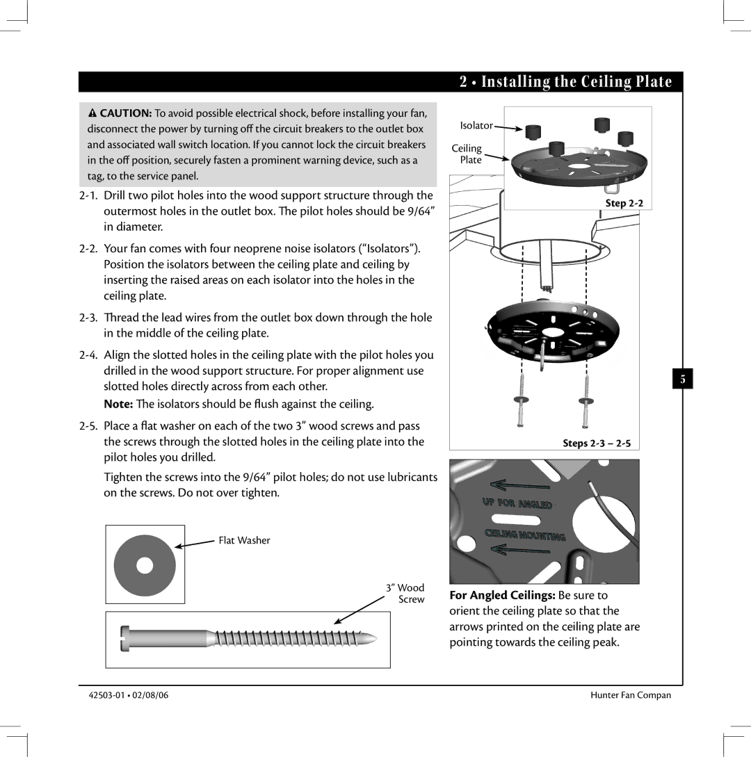 Hunter Fan 42503-01 warranty Installing the Ceiling Plate, Step Steps 2-3 