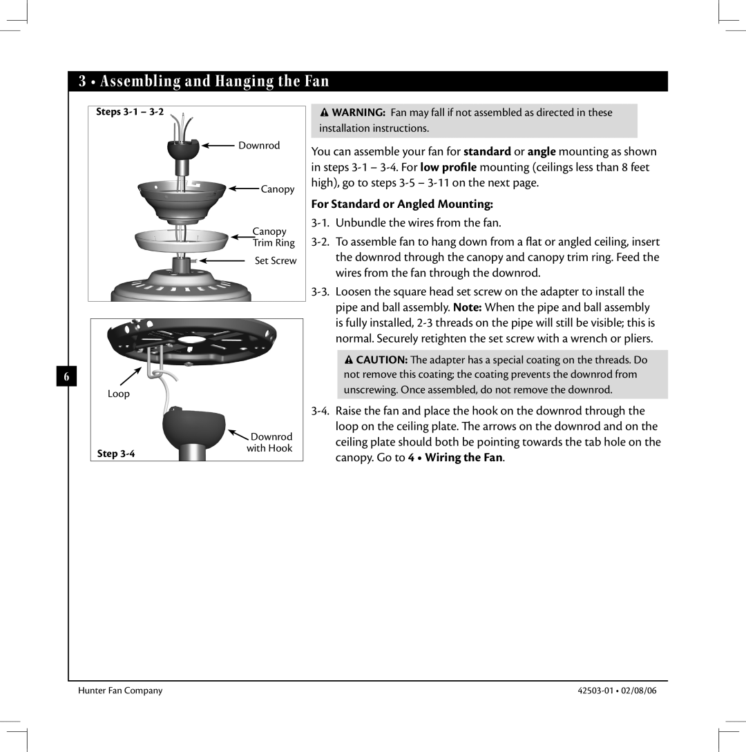 Hunter Fan 42503-01 warranty Assembling and Hanging the Fan, For Standard or Angled Mounting, Steps 3-1 