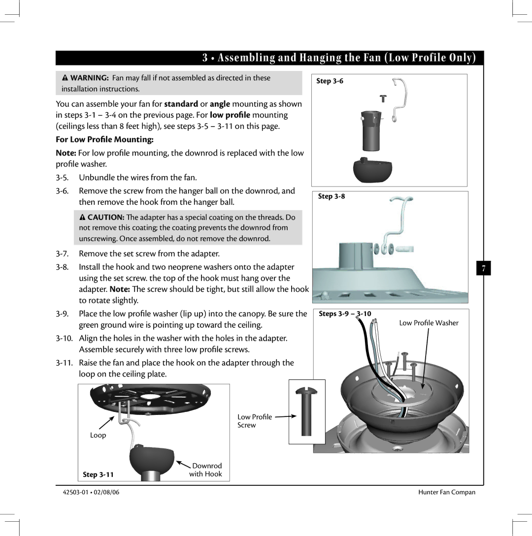 Hunter Fan 42503-01 warranty For Low Profile Mounting, Step Steps 3-9, Loop Downrod 