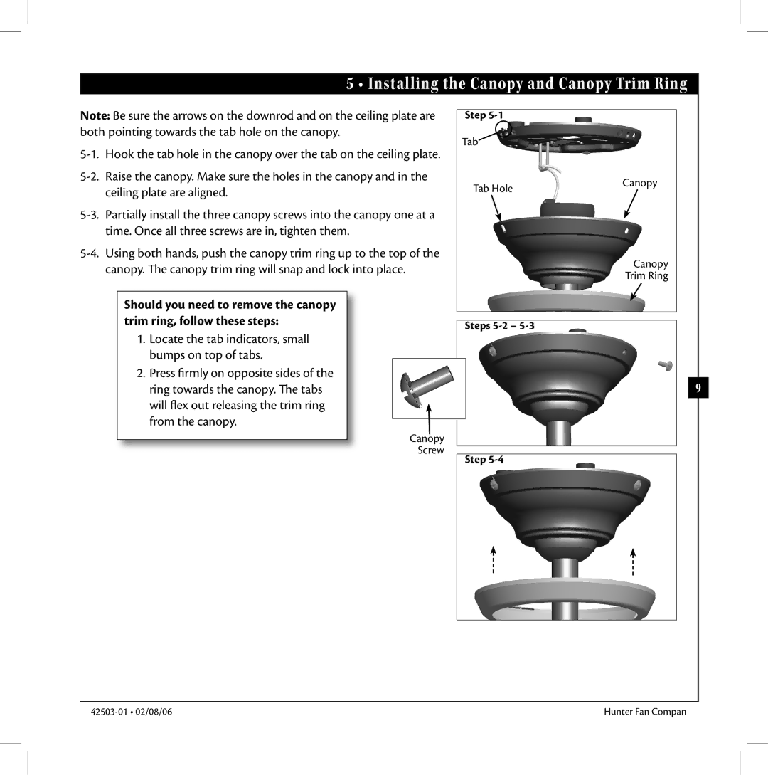 Hunter Fan 42503-01 Installing the Canopy and Canopy Trim Ring, Locate the tab indicators, small bumps on top of tabs 