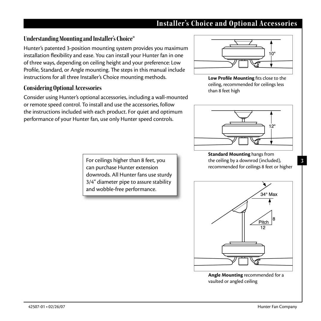 Hunter Fan 42507-01 warranty Installer’s Choice and Optional Accessories, Understanding Mounting and Installer’s Choice 