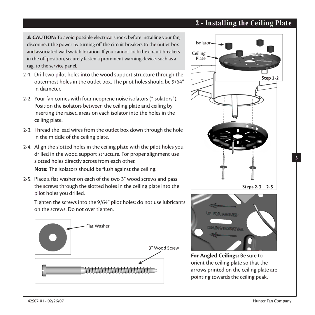 Hunter Fan 42507-01 warranty Installing the Ceiling Plate 