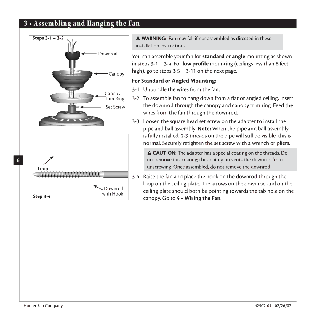 Hunter Fan 42507-01 warranty Assembling and Hanging the Fan, For Standard or Angled Mounting 