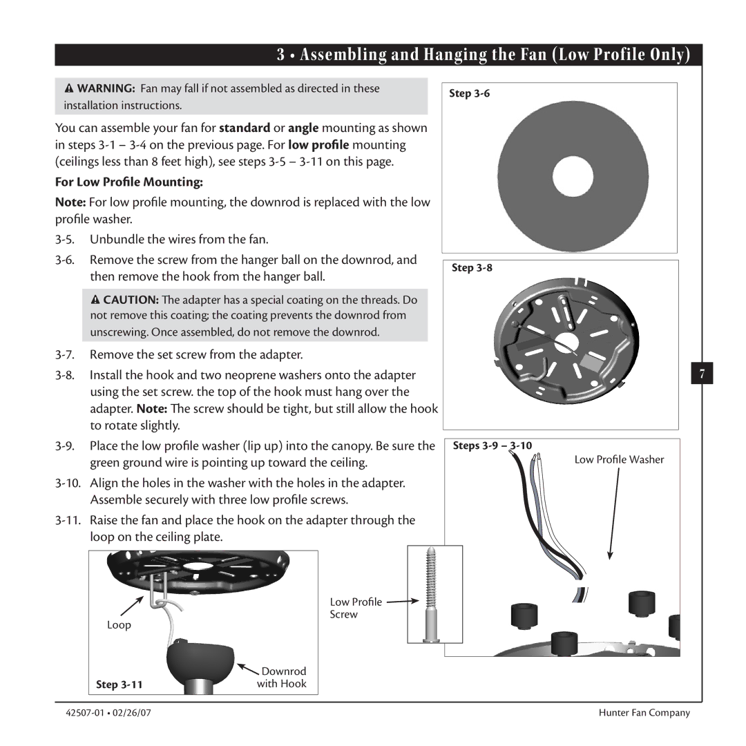 Hunter Fan 42507-01 warranty Assembling and Hanging the Fan Low Profile Only, For Low Profile Mounting 