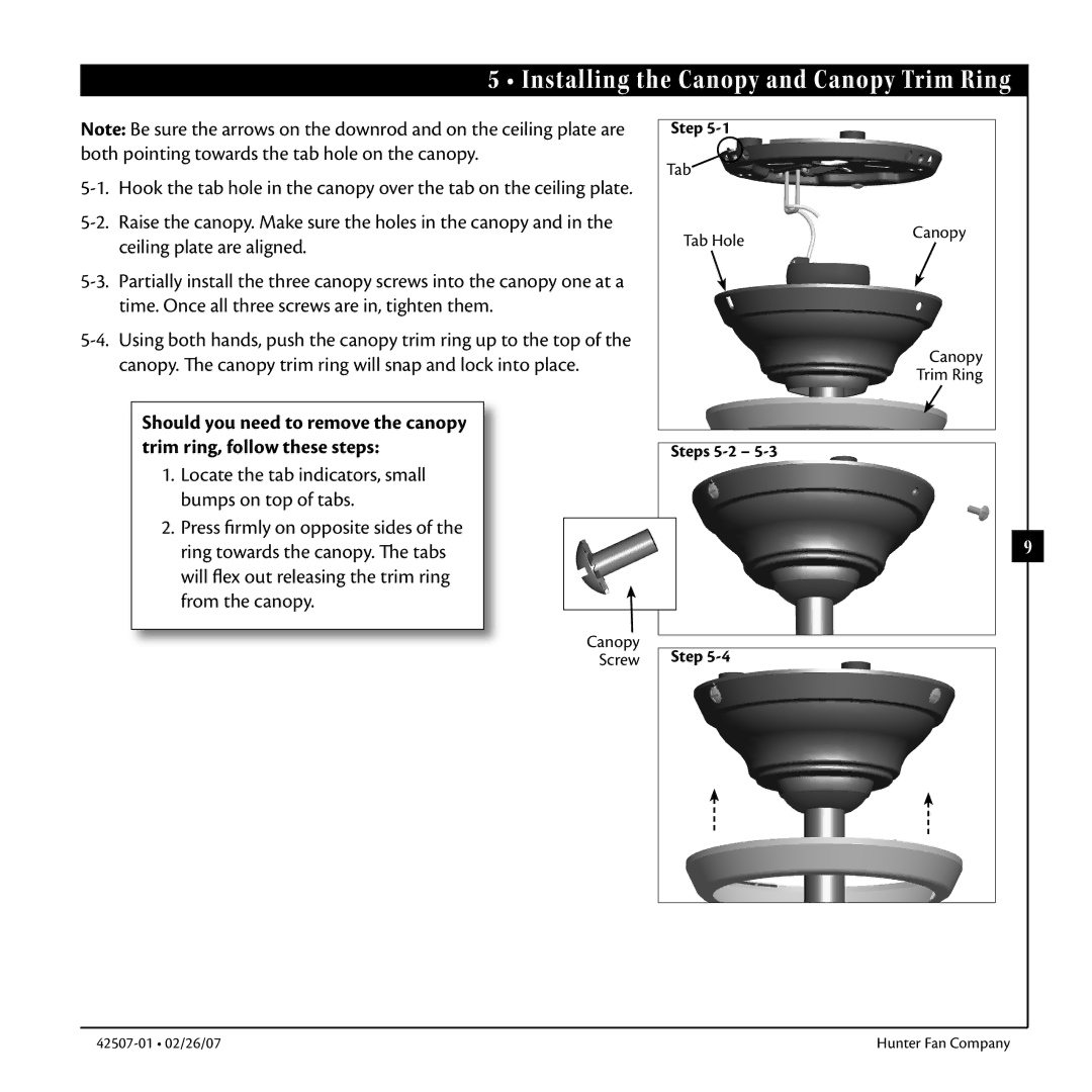 Hunter Fan 42507-01 Installing the Canopy and Canopy Trim Ring, Locate the tab indicators, small bumps on top of tabs 