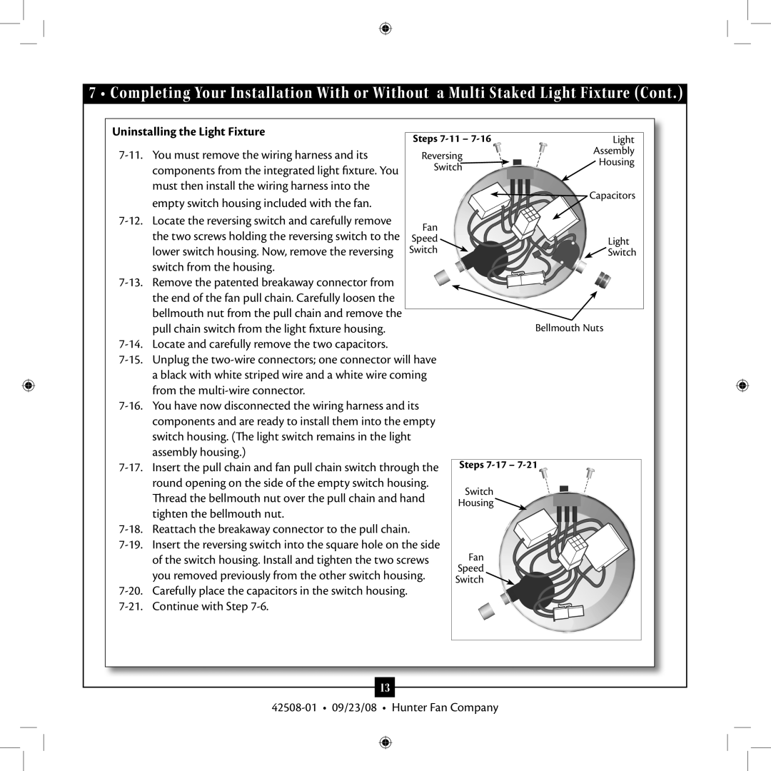 Hunter Fan 42508-01 installation manual Uninstalling the Light Fixture 