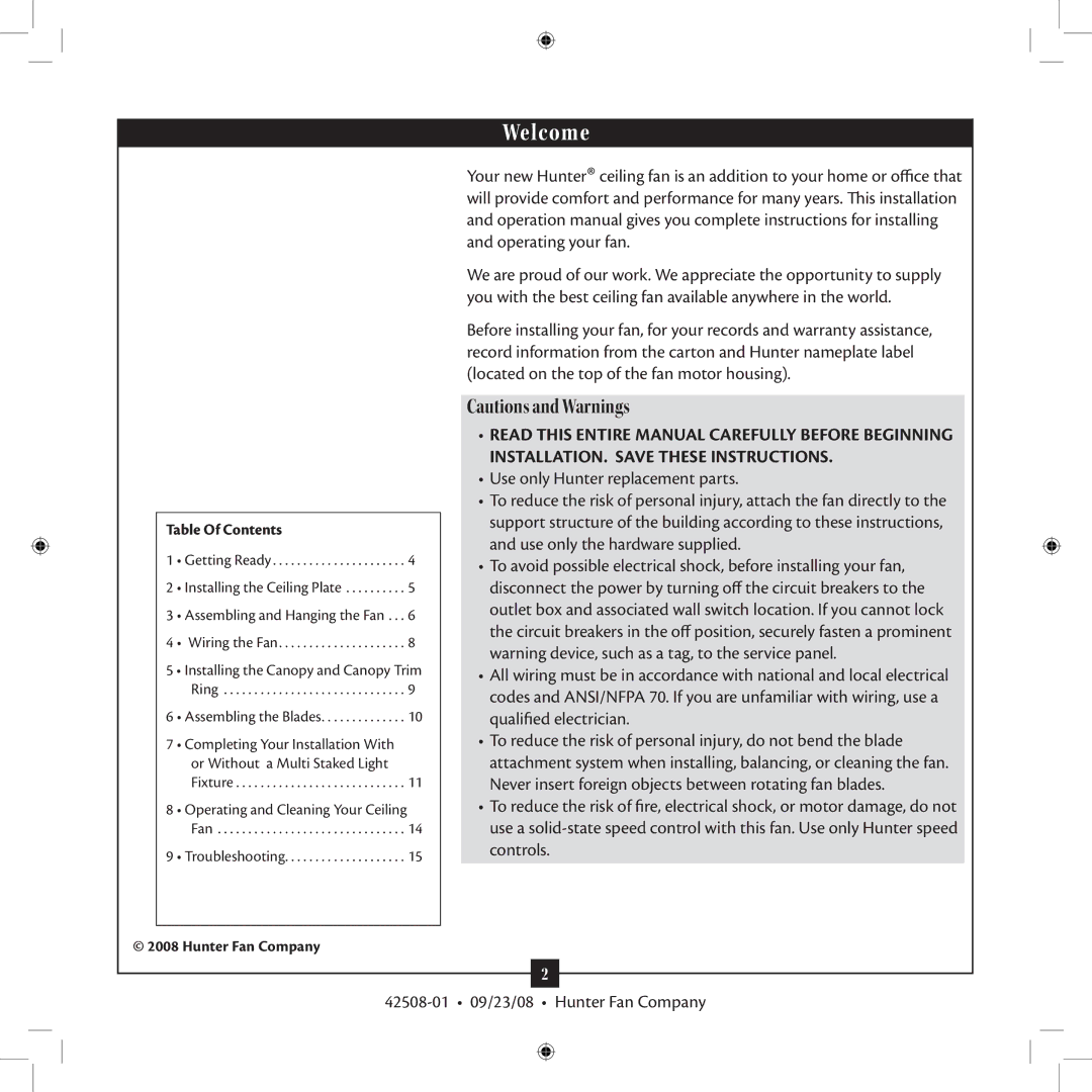 Hunter Fan 42508-01 Use only Hunter replacement parts, Use only the hardware supplied, Qualified electrician, Controls 