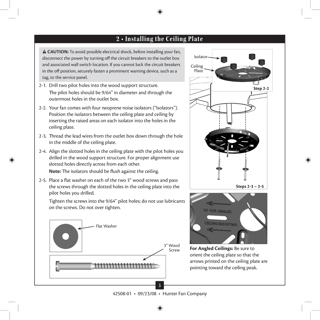 Hunter Fan 42508-01 installation manual Installing the Ceiling Plate 