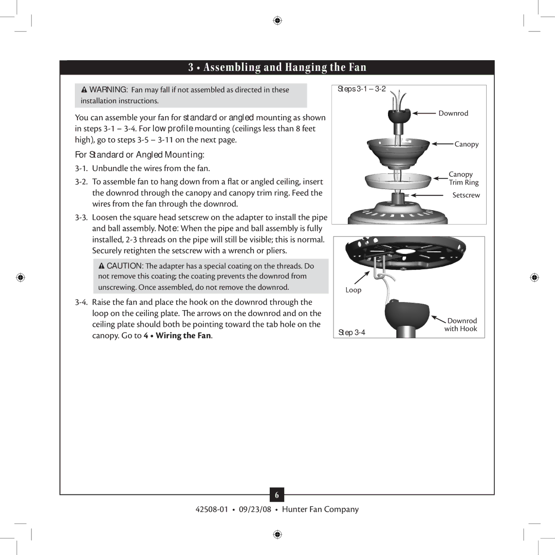 Hunter Fan 42508-01 installation manual Assembling and Hanging the Fan, For Standard or Angled Mounting 