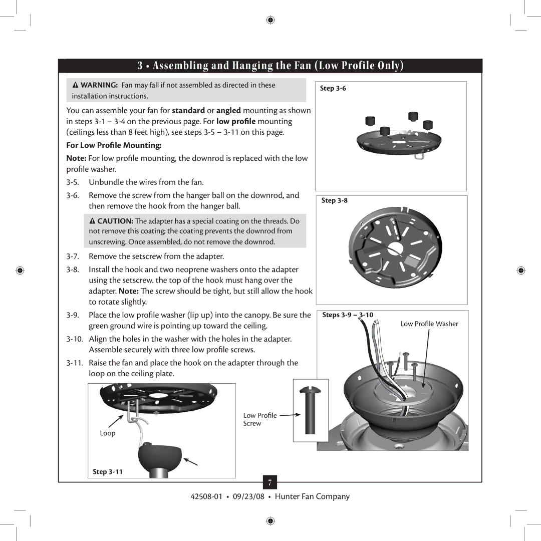 Hunter Fan 42508-01 installation manual Assembling and Hanging the Fan Low Profile Only, For Low Profile Mounting 