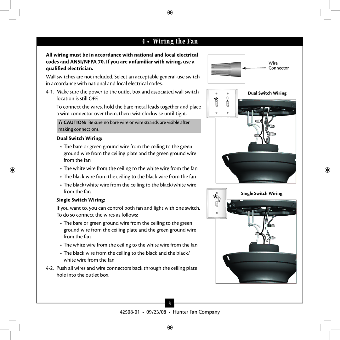 Hunter Fan 42508-01 installation manual Dual Switch Wiring, Single Switch Wiring 