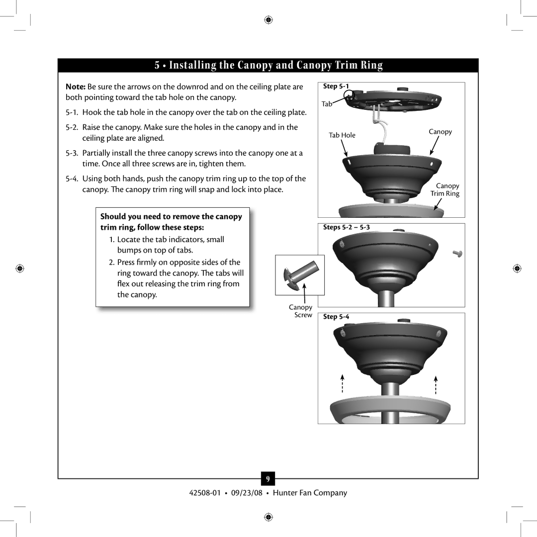 Hunter Fan 42508-01 installation manual Installing the Canopy and Canopy Trim Ring 