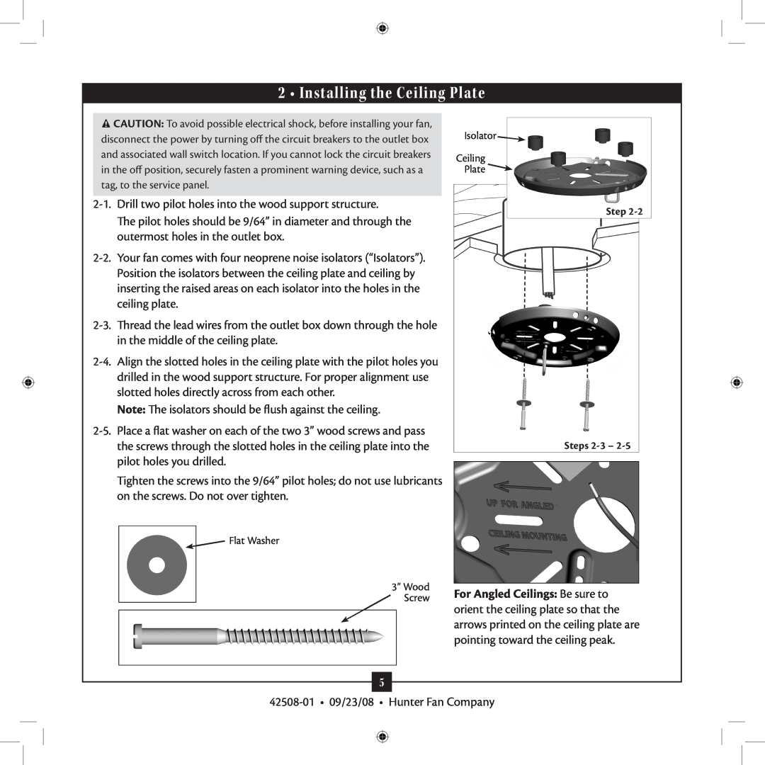 Hunter Fan 42508-01 installation manual Installing the Ceiling Plate 