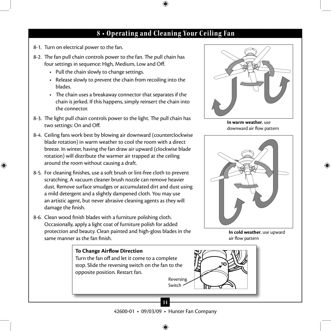 Hunter Fan 42600-01 installation manual Operating and Cleaning Your Ceiling Fan, To Change Airflow Direction 