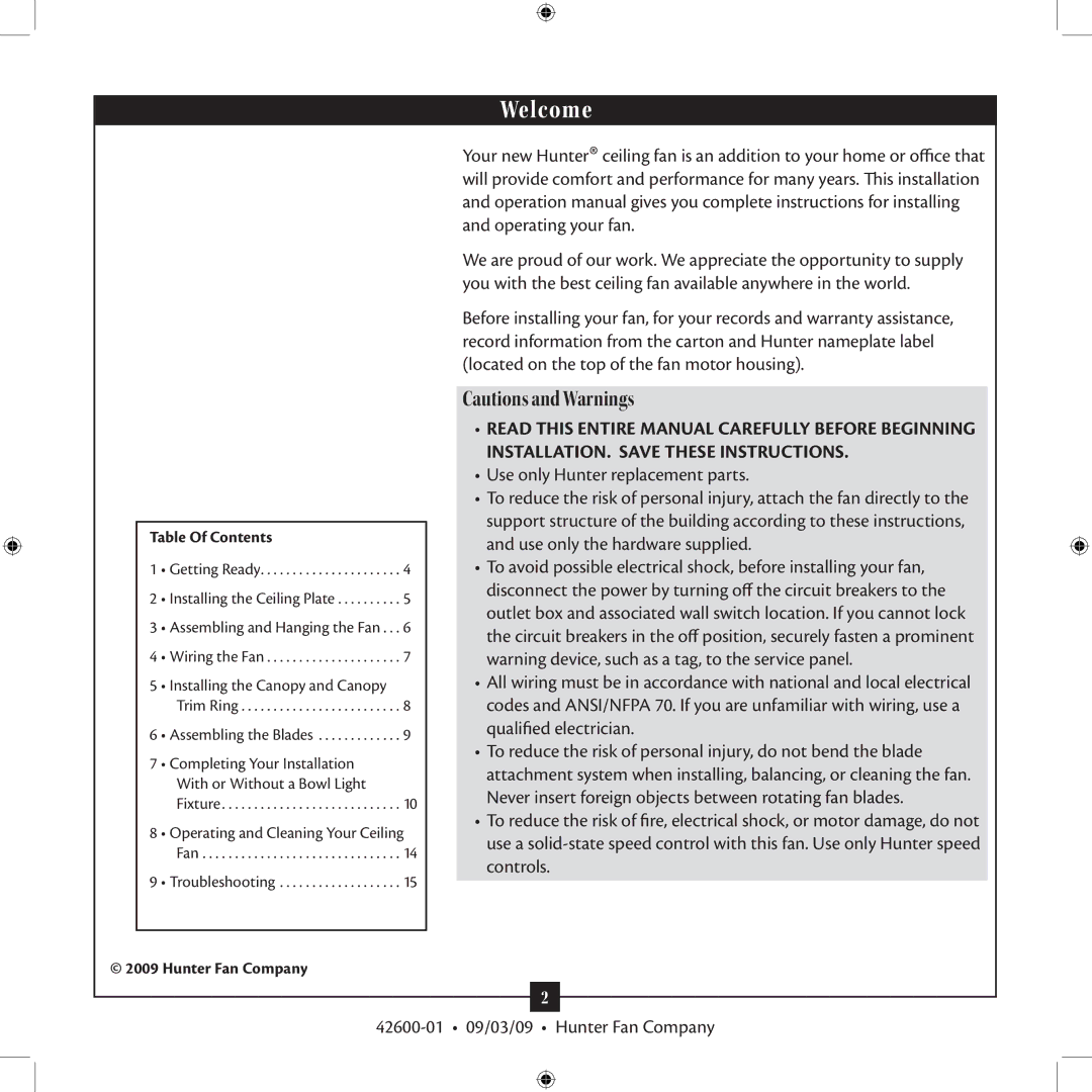 Hunter Fan 42600-01 installation manual Welcome 