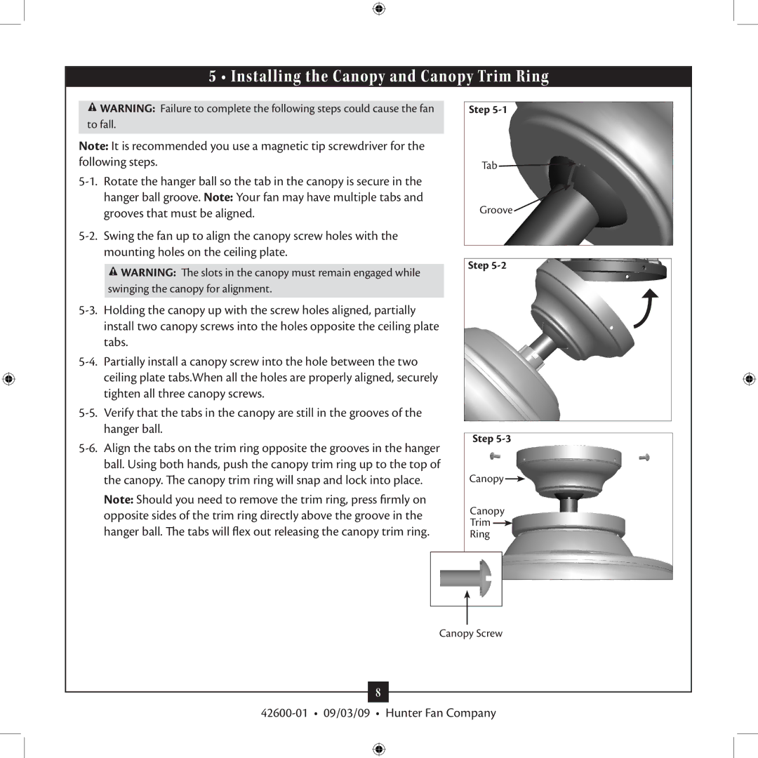 Hunter Fan 42600-01 installation manual Installing the Canopy and Canopy Trim Ring 