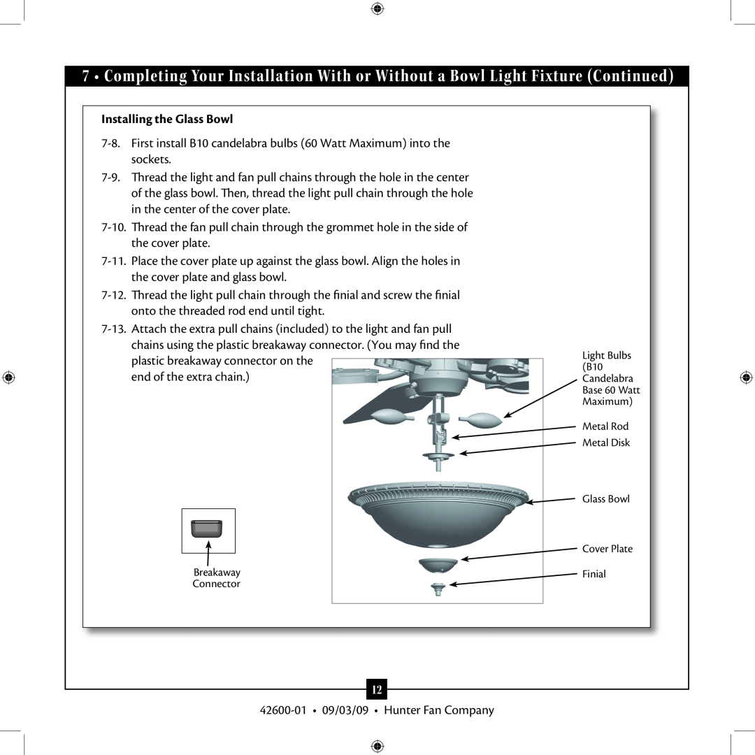 Hunter Fan 42600-01 installation manual Installing the Glass Bowl 