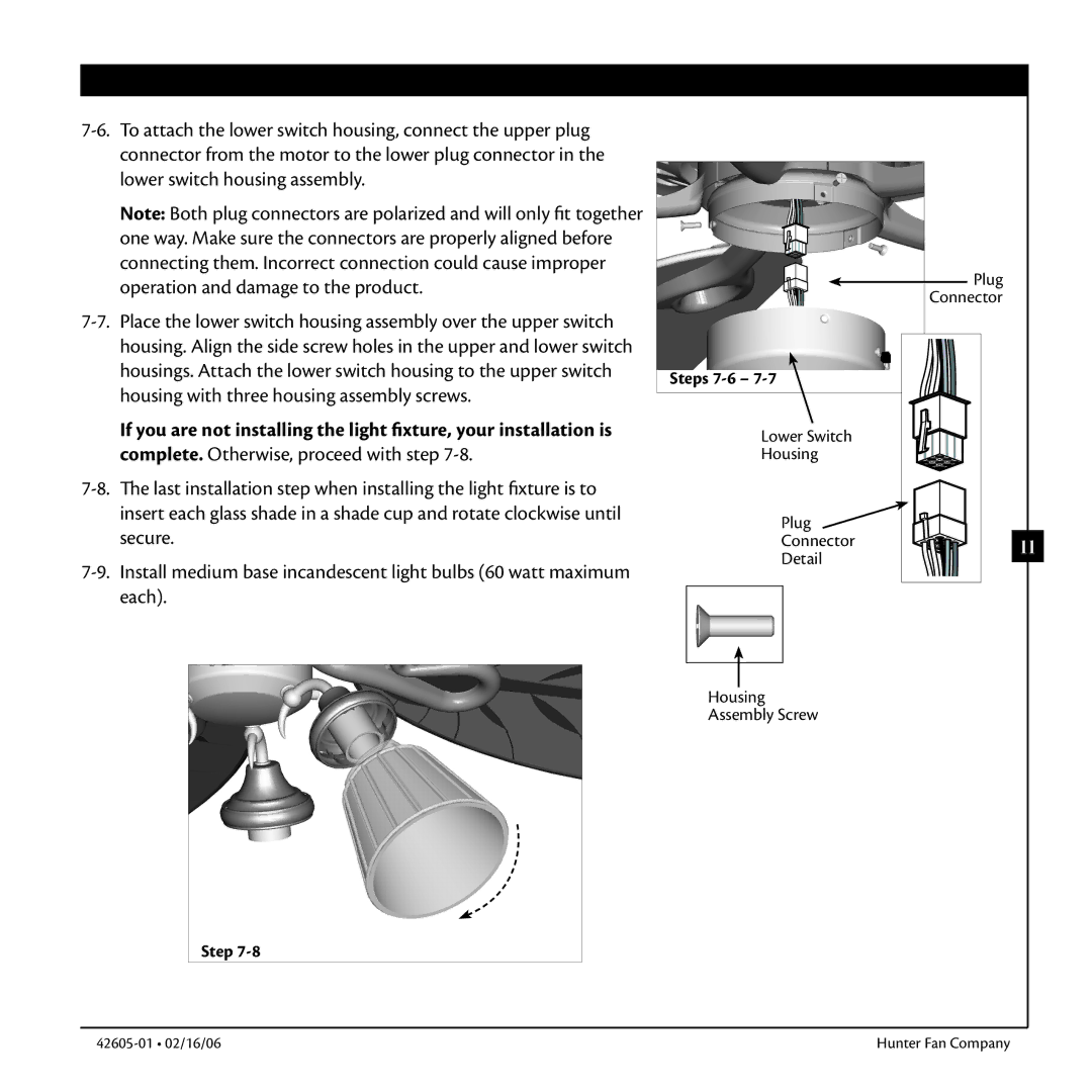 Hunter Fan 42605-01 warranty Steps 7-6 