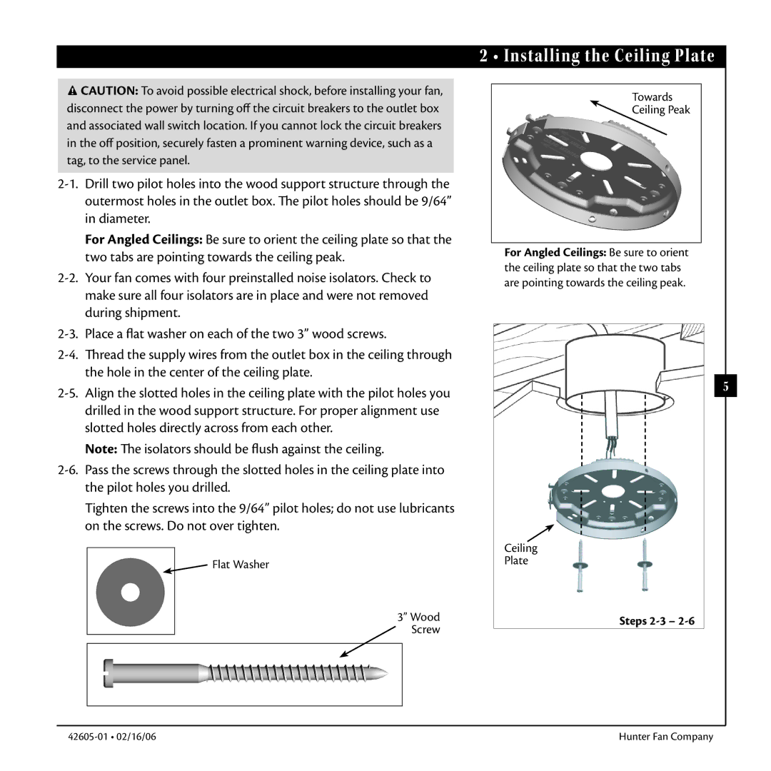 Hunter Fan 42605-01 warranty Installing the Ceiling Plate, Steps 2-3 