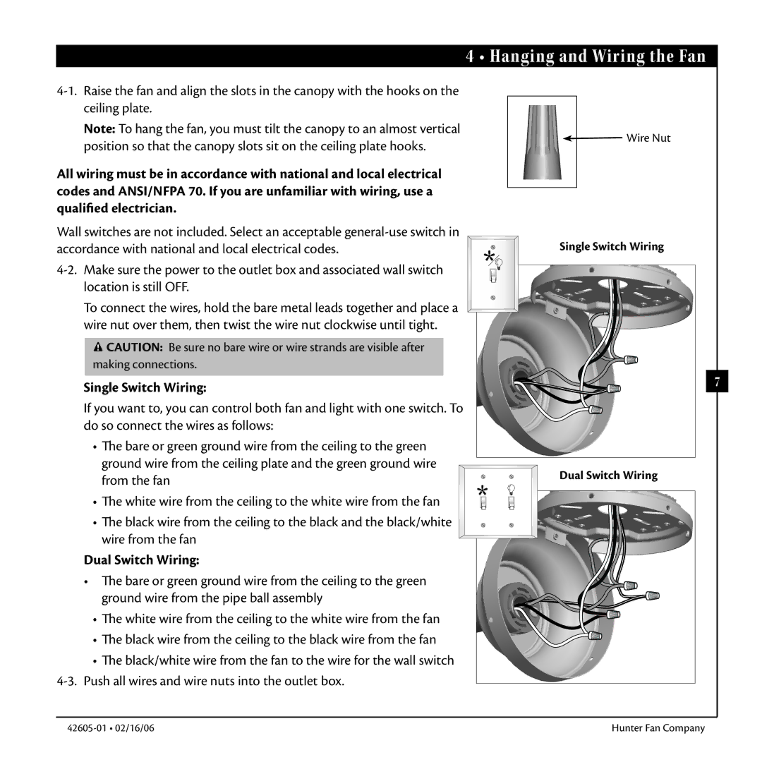 Hunter Fan 42605-01 warranty Hanging and Wiring the Fan, Single Switch Wiring, Dual Switch Wiring 