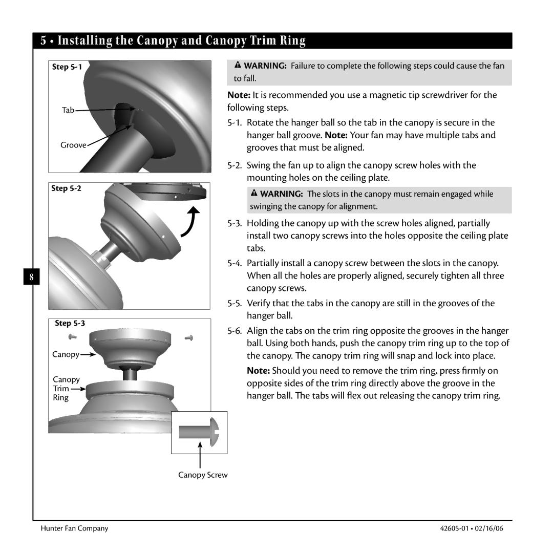 Hunter Fan 42605-01 warranty Installing the Canopy and Canopy Trim Ring, Step 