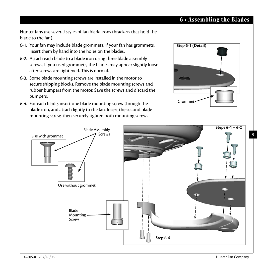 Hunter Fan 42605-01 warranty Assembling the Blades, Steps 6-1 