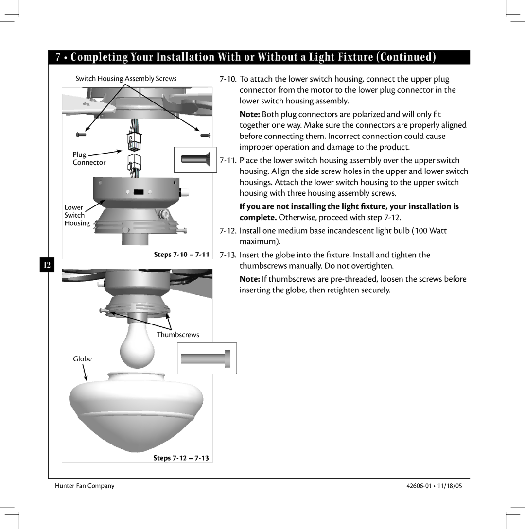 Hunter Fan 42606-01 warranty Steps 7-12 