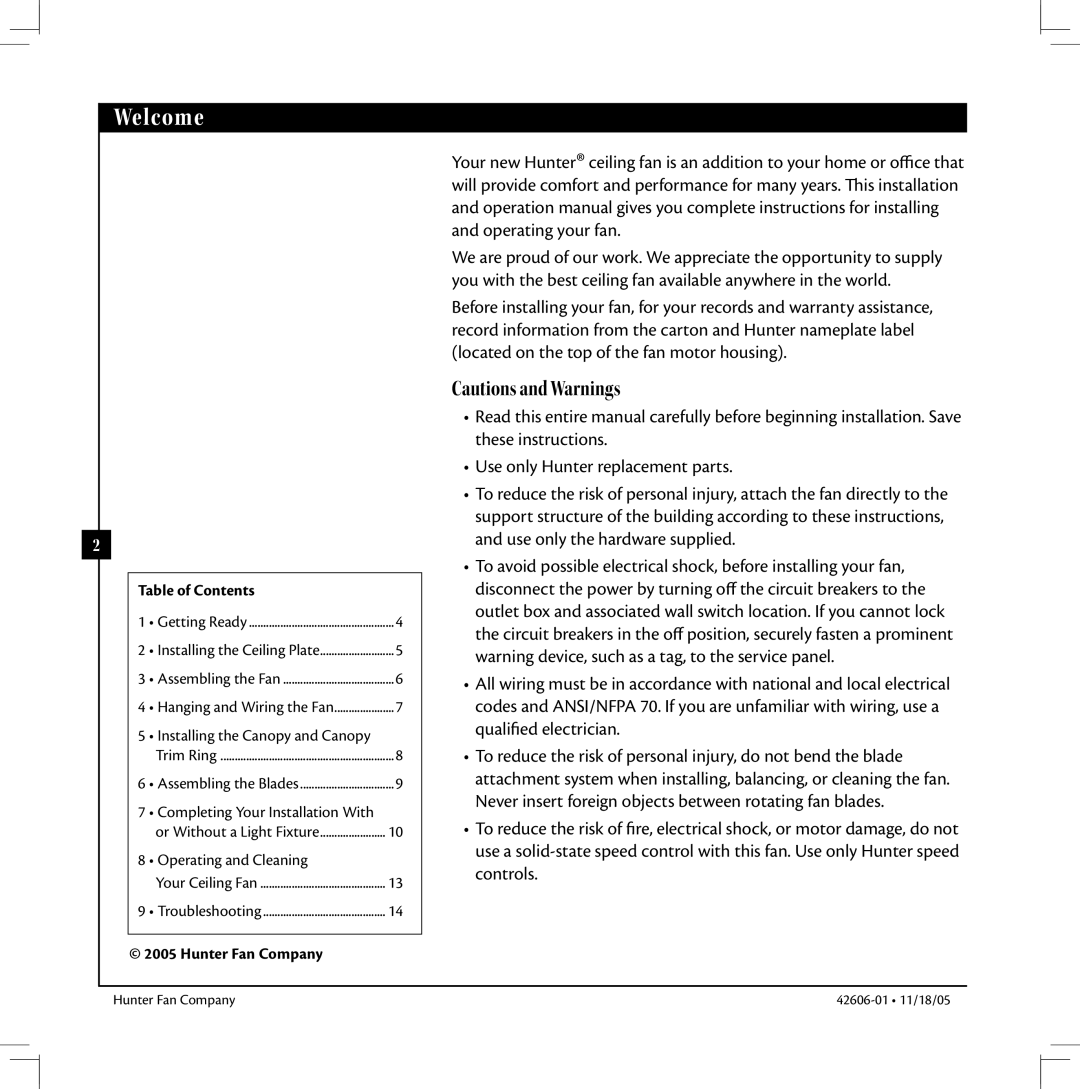 Hunter Fan 42606-01 warranty Welcome, Table of Contents 