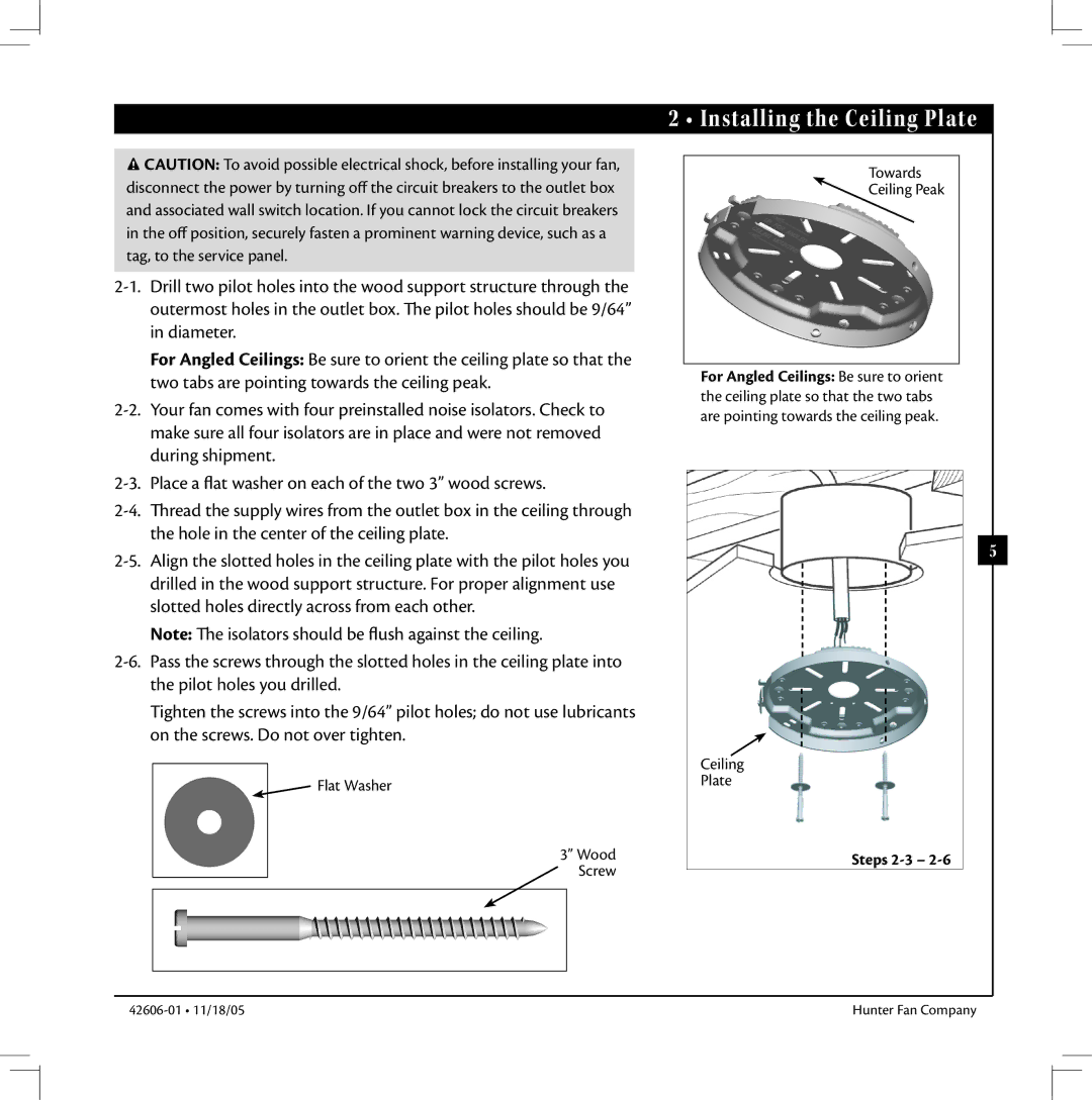 Hunter Fan 42606-01 warranty Installing the Ceiling Plate, Towards Ceiling Peak 