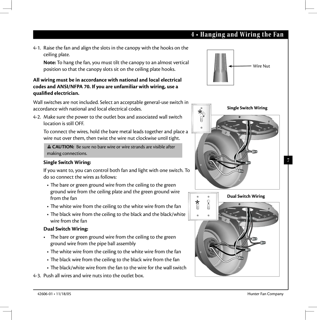 Hunter Fan 42606-01 warranty Hanging and Wiring the Fan, Single Switch Wiring, Dual Switch Wiring 