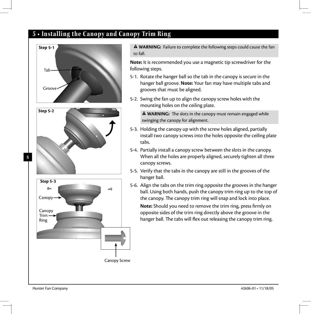 Hunter Fan 42606-01 warranty Installing the Canopy and Canopy Trim Ring 