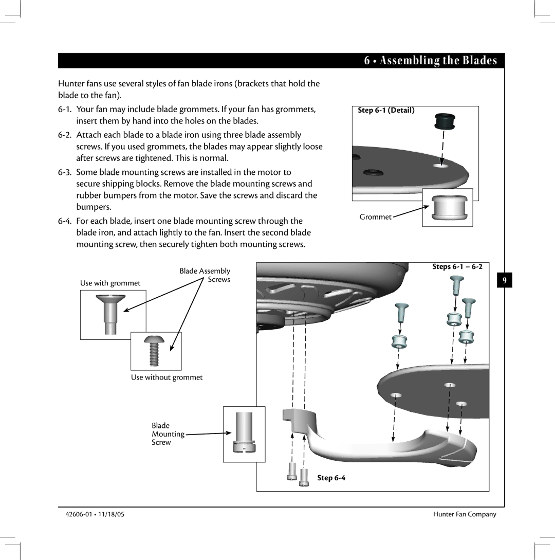 Hunter Fan 42606-01 warranty Assembling the Blades 