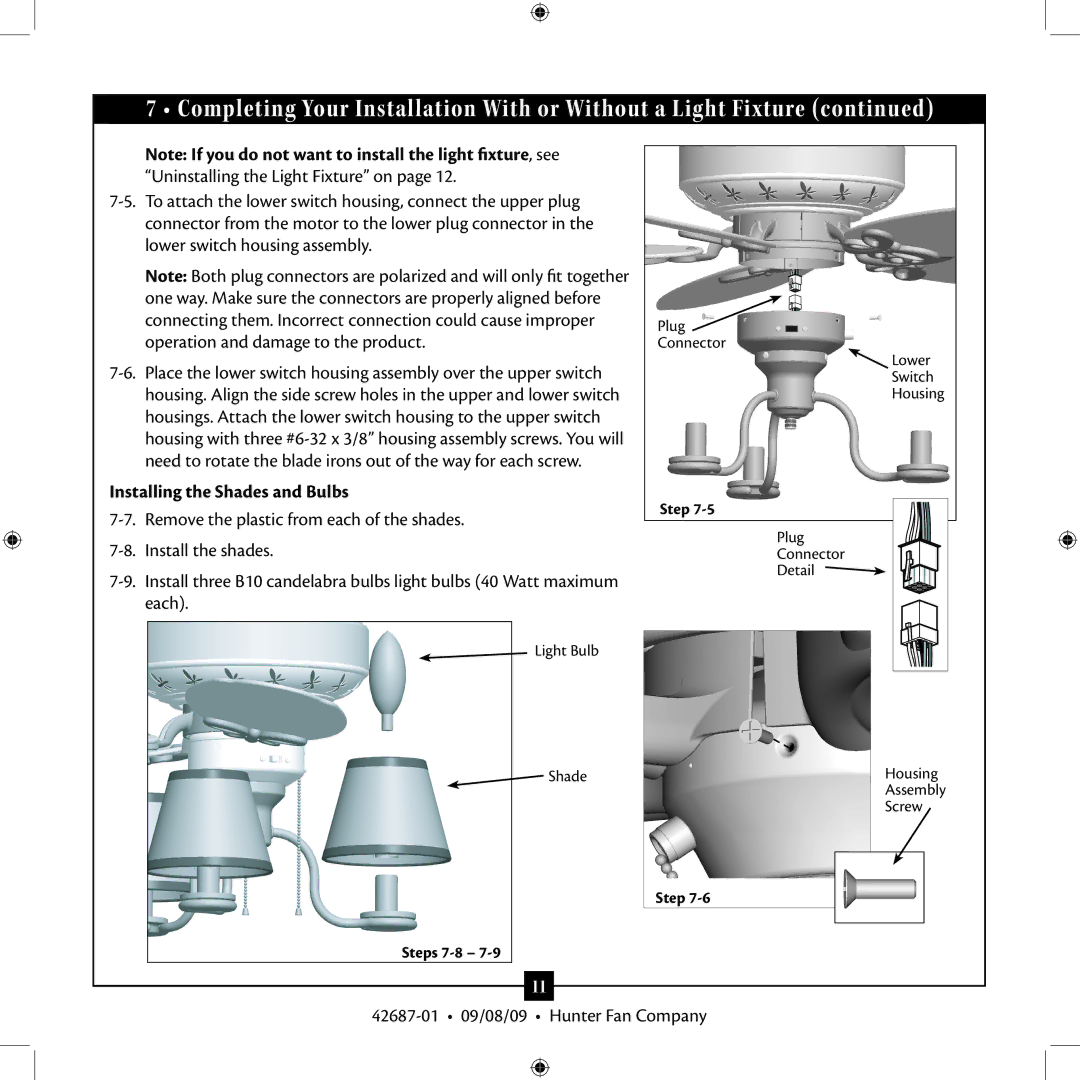 Hunter Fan 42609-01 installation manual Installing the Shades and Bulbs 