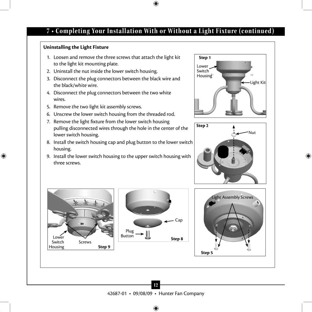 Hunter Fan 42609-01 installation manual Uninstalling the Light Fixture 