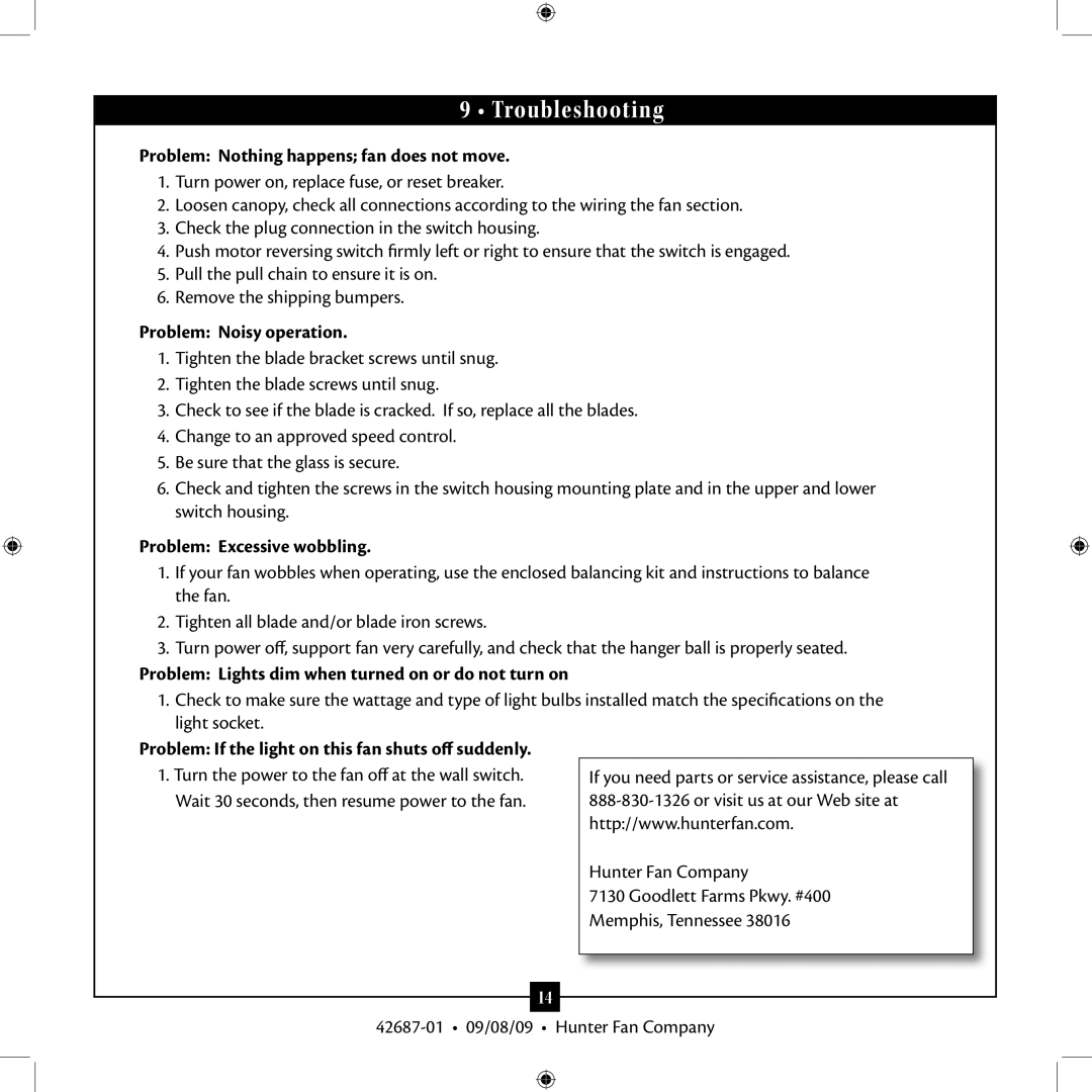 Hunter Fan 42609-01 installation manual 