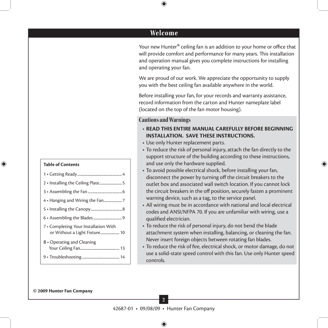 Hunter Fan 42609-01 installation manual Welcome 