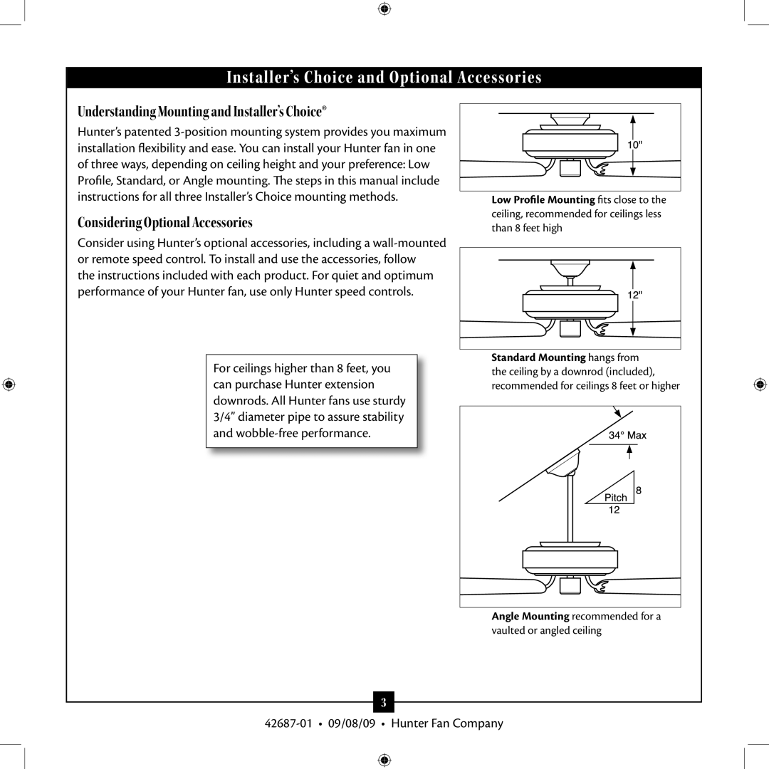 Hunter Fan 42609-01 installation manual Installer’s Choice and Optional Accessories 