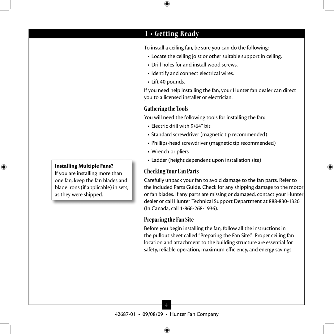 Hunter Fan 42609-01 installation manual Getting Ready, Installing Multiple Fans? 