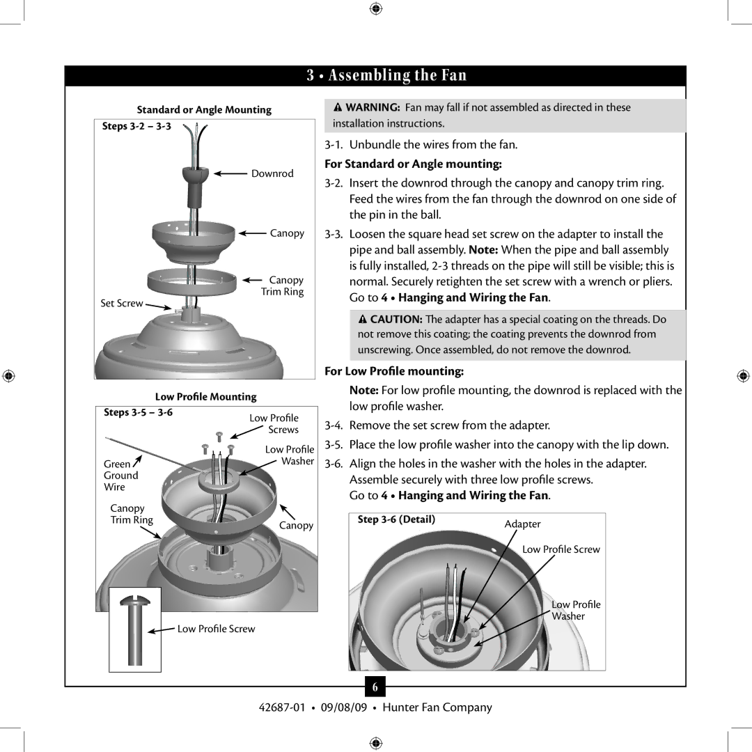 Hunter Fan 42609-01 installation manual Assembling the Fan, For Standard or Angle mounting, For Low Profile mounting 