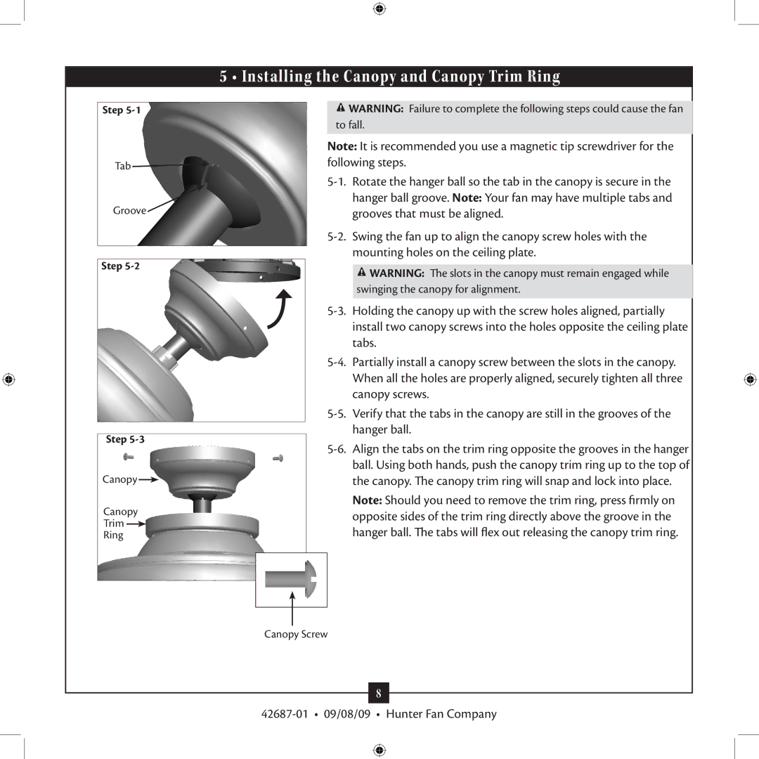 Hunter Fan 42609-01 installation manual Installing the Canopy and Canopy Trim Ring 