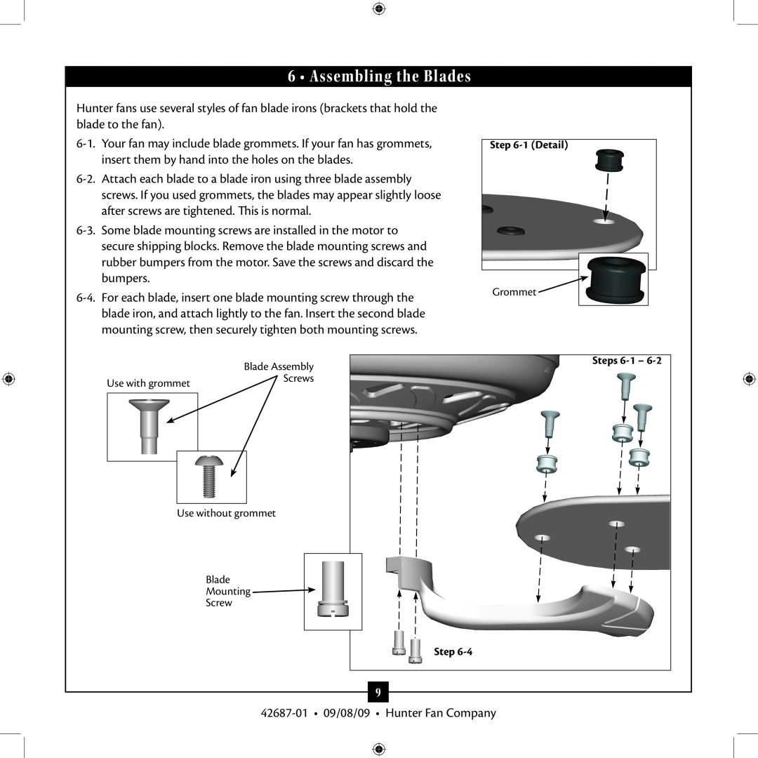 Hunter Fan 42609-01 installation manual Assembling the Blades 