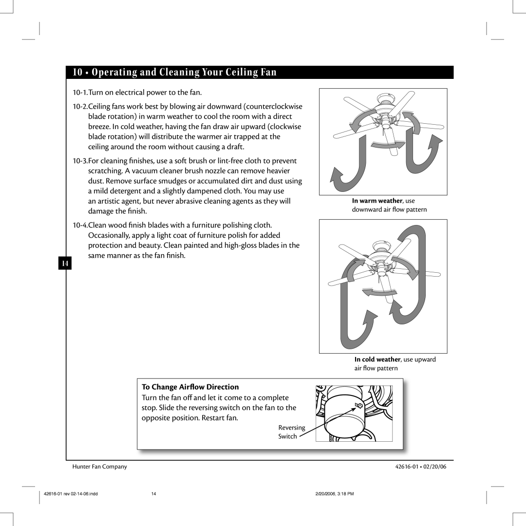 Hunter Fan 42616-01 warranty Operating and Cleaning Your Ceiling Fan, To Change Airflow Direction 