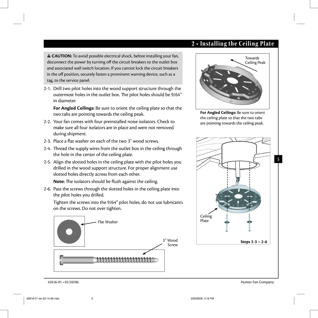 Hunter Fan 42616-01 warranty Installing the Ceiling Plate, Steps 2-3 