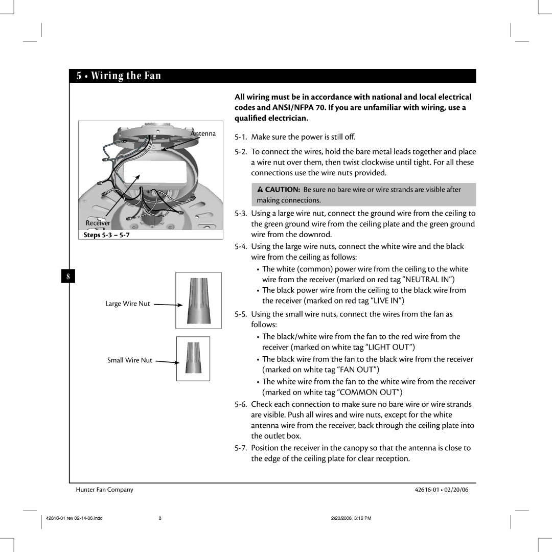 Hunter Fan 42616-01 warranty Wiring the Fan, Steps 5-3 